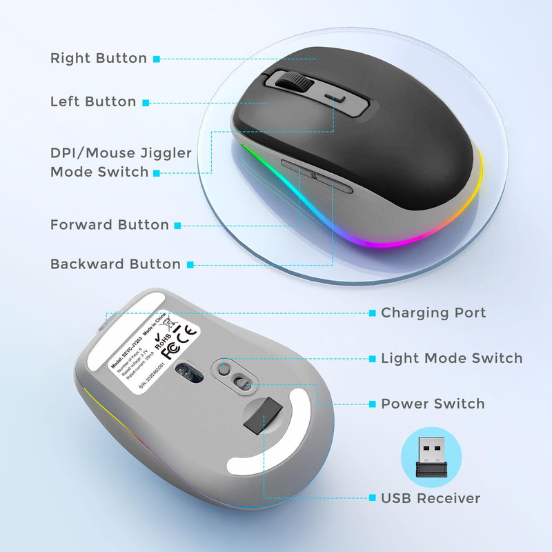 PEIOUS Wireless Mouse Jiggler - LED Wireless Mice with Build-in Mouse Mover, Rechargeable Moving Mouse for Laptop with Undetectable Random Movement Keeps Computers Awake - Black & Grey