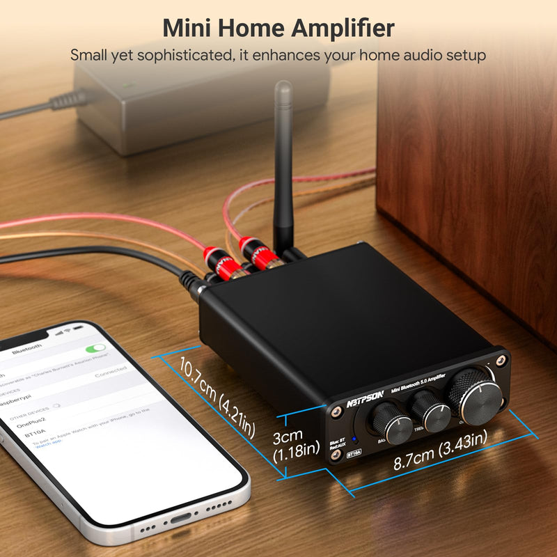 BT10A Bluetooth Stereo Amplifier, 100W x 2 Mini Class D Power Amplifier Receiver for Passive Speakers, 2 Channel Home Audio Amp with Bluetooth, for Bookshelf, Ceiling, Garage, Patio -TwoTPA3116 Chips