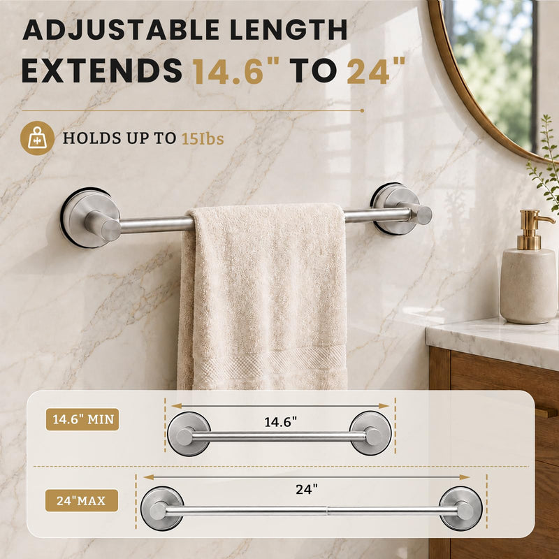 Towel Racks for Bathroom, No-Drill Suction Cup Towel Bar, Stainless Steel Adjustable Towel Holder 14.6-24Inch for Shower, Kitchen, Bathroom Wall(Silver) Silver