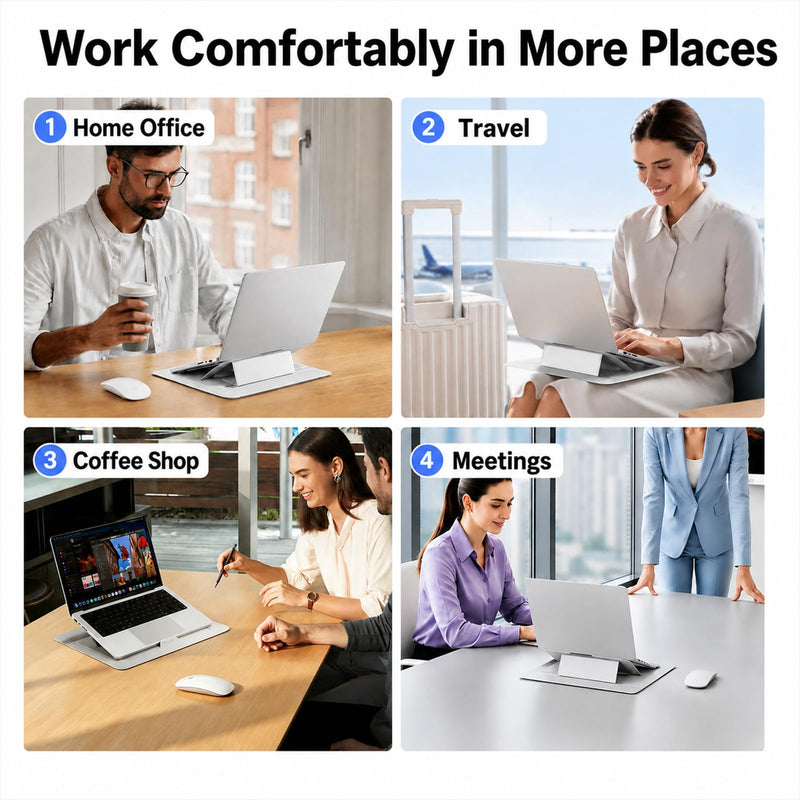2-in-1 Laptop Sleeve with Stand, 13-14 Inch, PU Leather, Grey | Magnetic origami design folds into a 3-angle stand with a water-repellent PU exterior and storage for mouse and cable.