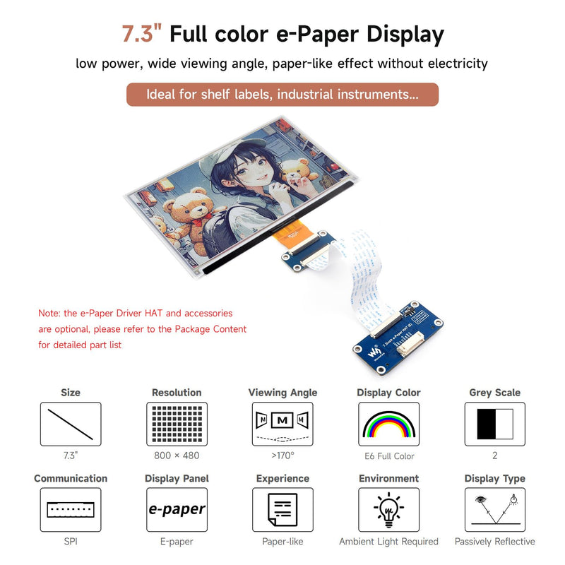Waveshare 7.3inch 6-Color E-Paper Display Module, Compatible with Raspberry Pi 5/4B/3B/Zero/Zero W/Zero 2W/Pico/Pico W/Pico WH, Support Jetson Nano/Jetson Orin Nano