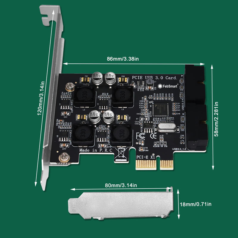 2X 19Pin USB 3.0 Header Ports PCIE USB 3.0 5Gbps Expansion Card for Windows and Linux Desktop PCs, Built in FebSmart Self-Powered Technology, No Need Additional Power Supply (FS-H2-Pro) FS-H2-Pro