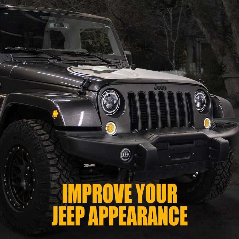 Xprite LED Turn Signal Lights w/White DRL Halo, Smoked Lens Fender Side Marker Lights Indicator Lamp Compatible with 2007-2018 Jeep Wrangler JK & Wrangler Unlimited Smoke Lens w/ Halo