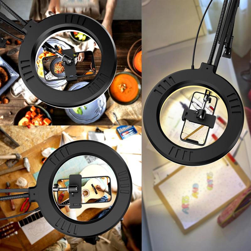 Overhead Camera Mount with Ring Light, 6‘’ Overhead Phone Mount Compatible with iPhone Camera Webcam, Articulating Arm Phone Mount for YouTube Live Stream Cooking Nail Video Recording 6"Light