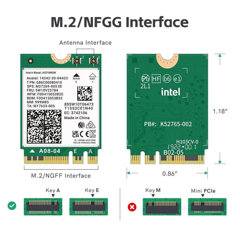 WiFi 6E AX210 NGW Wireless Card M.2 2230/NGFF WiFi 6E Laptop Module with Bluetooth 5.3, 5400Mbps Tri-Band AX210 WiFi Chip Adapter, Ultra-Low Latency, Supports Windows 11/10 (64bit only)