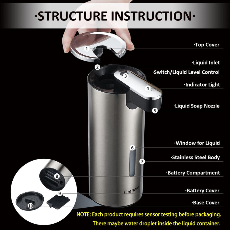 Automatic Soap Dispenser, Automatic Liquid Soap Dispenser Touchless, 12oz/340ml, 3-Level Adjustable, Battery Operated, Water-Resistant for Bathroom, Kitchen, and School, Clog-Free, Stainless Steel Chromed & Stainless Steel