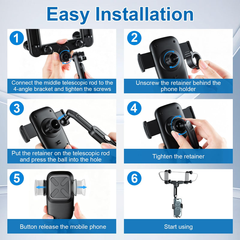 alpmosn Car Phone Holder, Anti-Shake Rear View Mirror Phone Holder for Car, 360° Rotating and Retractable Rearview Mobile Holder for Car, Fit for Almost Smartphones & Bigger Vehicle