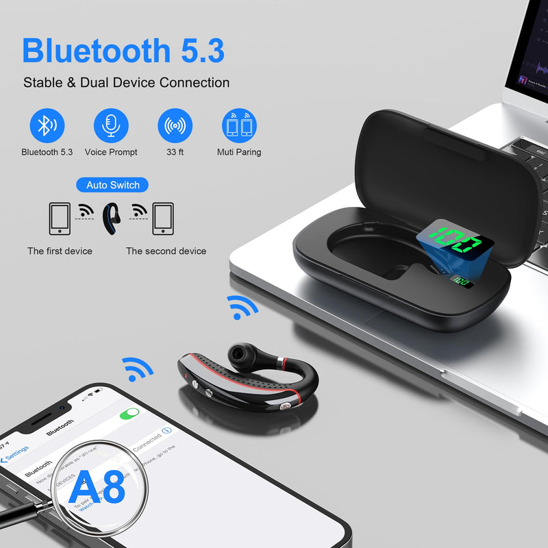 Bluetooth Headset,Wireless Bluetooth Earpiece,Headphones for Work | 15g Ultralight,500mAh Charging Case,72H Playtime for Work,V5.3 Hand-Free Comfortable Fit with Mic for Trucker/Office Red