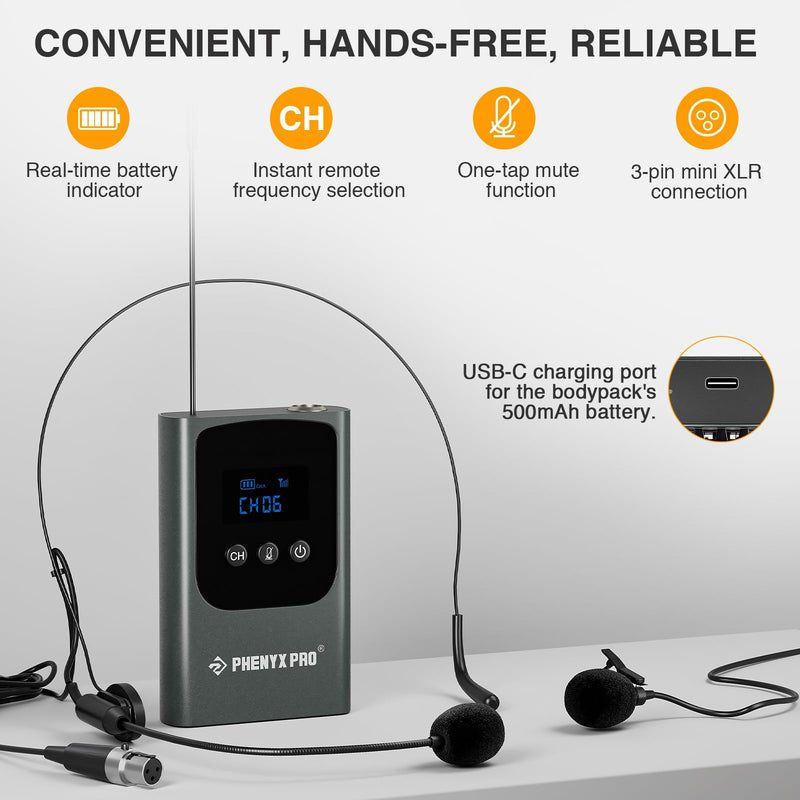 Phenyx Pro Dual Digital Wireless Microphone System, Portable Mini Receiver, 2x15 UHF Frequencies, 2 Bodypack Transmitters, Headset/Lapel Microphone for Singing, Karaoke (PDP-2-2B)