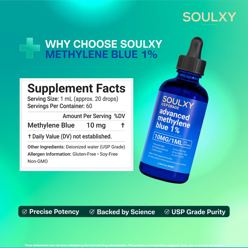 Advanced Methylene Blue 1% USP Pharmaceutical Grade - Methylene Blue Drops 99.9% Pure Solution for Balance, Clarity, Focus and Cellular Support - Vegan, Non-GMO, Dye Free 10 mg / 1 ml - 60 ml