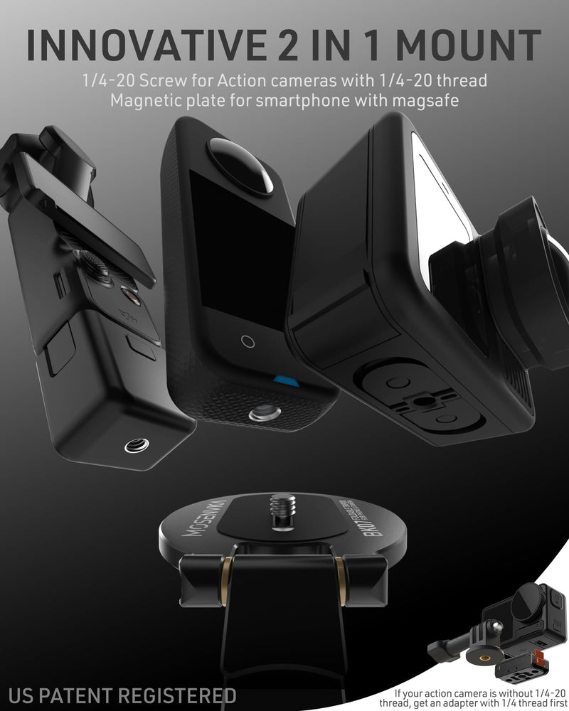 2-in-1 Magnetic Phone Tripod for MagSafe/DJI Osmo Pocket 3/4 Magnetic Mount | for Insta360 Luna Ultra, Foldable Phone Desk Stand with Arca-Swiss 1/4" Screw Hook Holder for GoPro 13/12 | Design Patented