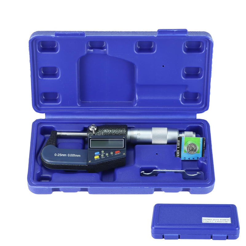 QWORK Digital Outside Micrometer with Carbide Tip, 0-1 Inch / 0-25 mm Measuring Range, High Accuracy ±0.002 mm, LCD Display