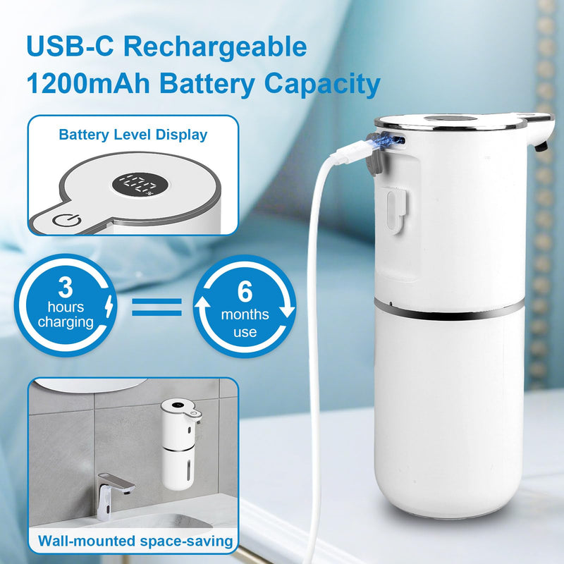 Automatic Liquid Soap Dispenser Touchless, USB Rechargeable Smart Hand Soap Dispenser, 6-Level Adjustable, 12.8oz/380mL Wall Mounted for Bathroom Kitchen Accessories Dish Soap-White White