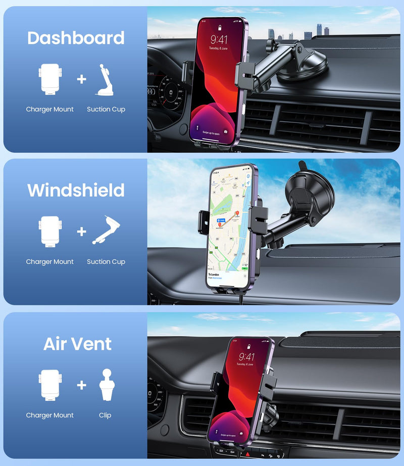 Wireless Car Charger 15W Fast Charging Dash Windshield Vent Car Mount | Auto-Clamping Universal Hands-Free Car Charger Compatible with iPhone 17/16 15/14/13/12, Samsung S24 S23/S22/S21,etc Light Black with qc 3.0