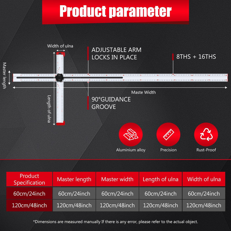 Adjustable Drywall T-Square Tool - Aluminum - for Layout and Marking - Features Sliding Head and Dual Directional Printed Scale - 48 Inch（120cm）