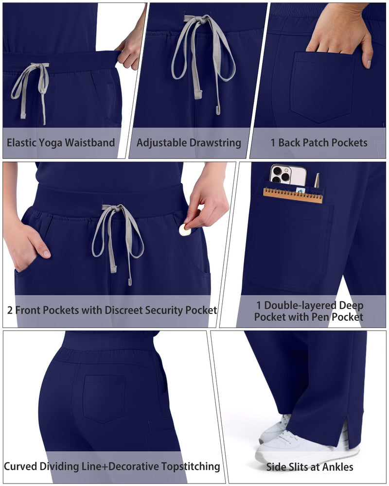 Women Scrubs Set,Sleeveless Stand Collar Scrub Top,Straight Leg Scrub Pant,11-Pocket Medical Uniform,Yoga Waistband Medium Navy Blue