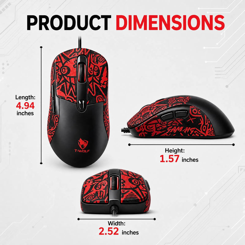 Wired Gaming Mouse, 7200 Adjustable DPI, 6 programmable Buttons, 3 Million-Click lifespan, 1.5-Meter Braided Cable, red Non-Slip Grip pad—for PC Gaming and Office use