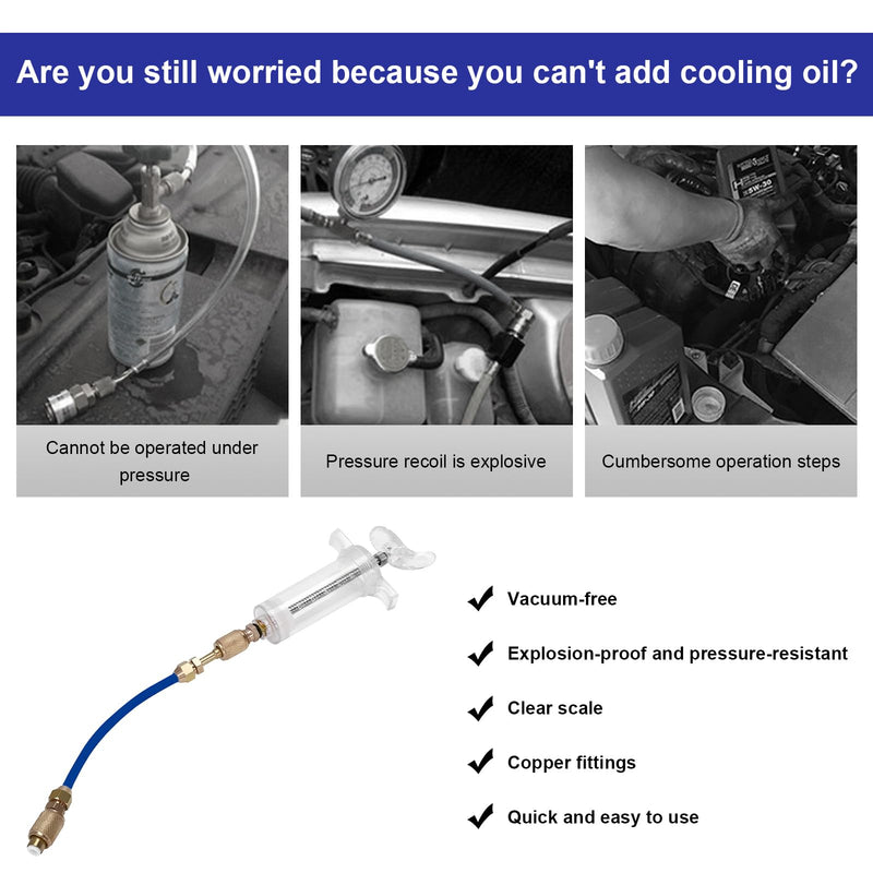 Oil and Dye Injectors Kit, 30ml/1 Oz Hand Push Oil Injector with Snap Quick Coupler 1/4" SAE Connector, Screw-in Manual AC Dye Injector Refrigerant Tools for Car HVAC System
