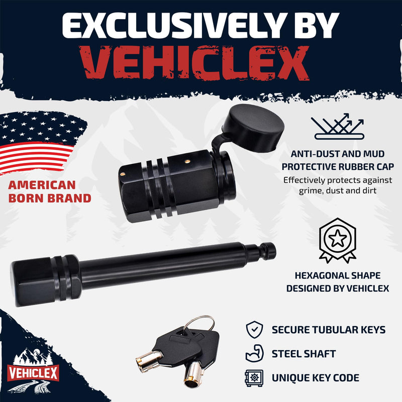 Trailer Hitch Pin Lock for 2" Receiver - Vehiclex Secure 5/8" Locking Pin for Class III, IV Hitch with Exclusive Tubular Key, Built Tough for Dust, Mud, and Thieves 2"-2.5"