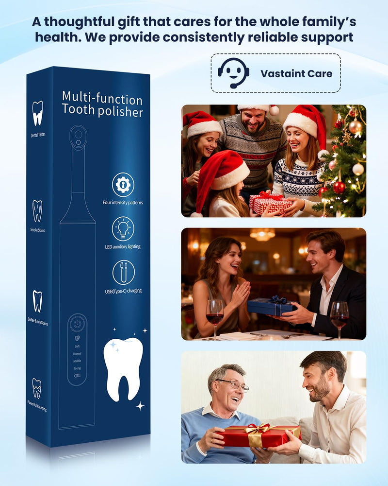 Tooth Polisher, Electric Rechargeable Teeth Polishing Kit with LED Auxiliary Light, 6 Brush Heads & 5 Polish Paste, 4 Modes, IPX6 Waterproof, Easy to Use Tooth Polishing Tool for Home（Sliver） Sliver