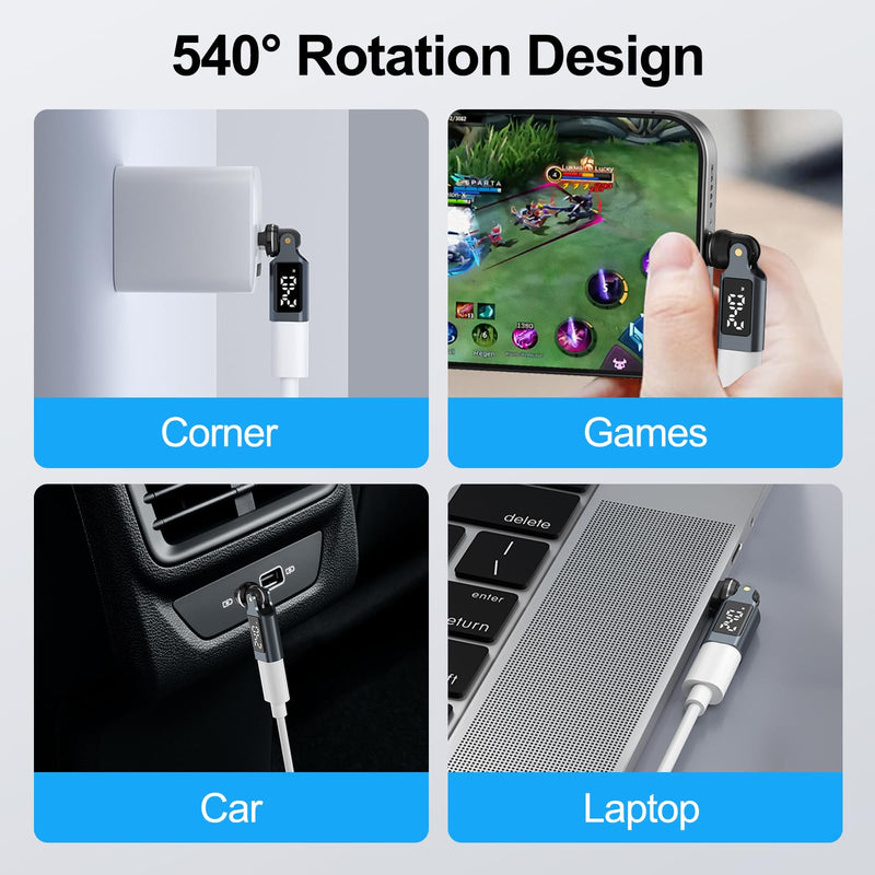Magnetic USB-C Adapter 240W, LED Power Display, 9-Pin Connector | 360° Rotation & 180° Foldable Design, 90° Right Angle Magnetic Adapter for MacBook, iPhone 15/16/17, Samsung, Laptop & Tablet