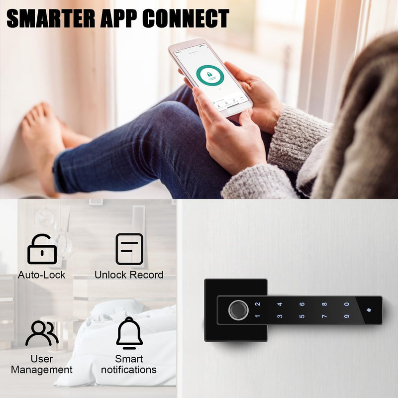Fingerprint Door Lock, Keyless Entry Lock with Handle, Smart Door Knob with Keypad for Bedroom Hotel Office, Biometric Door Lock with App Control