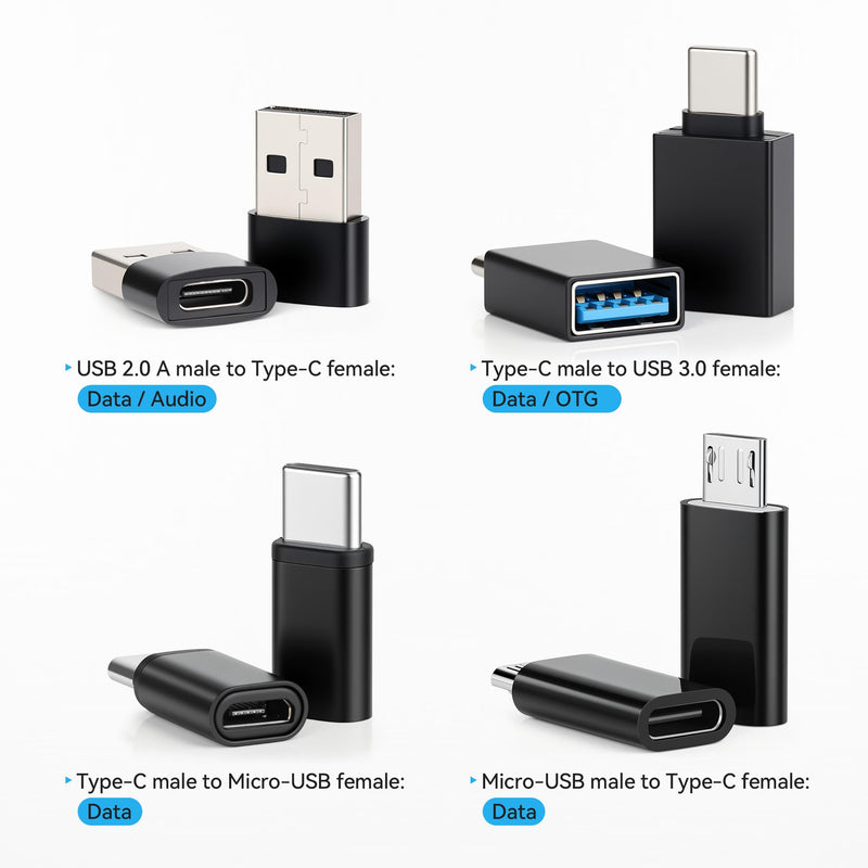 8pcs USB to USB C Adapter, Micro USB to USB C Female Male Converter Connector for Laptop Car Smartphone Headphone Mic PC