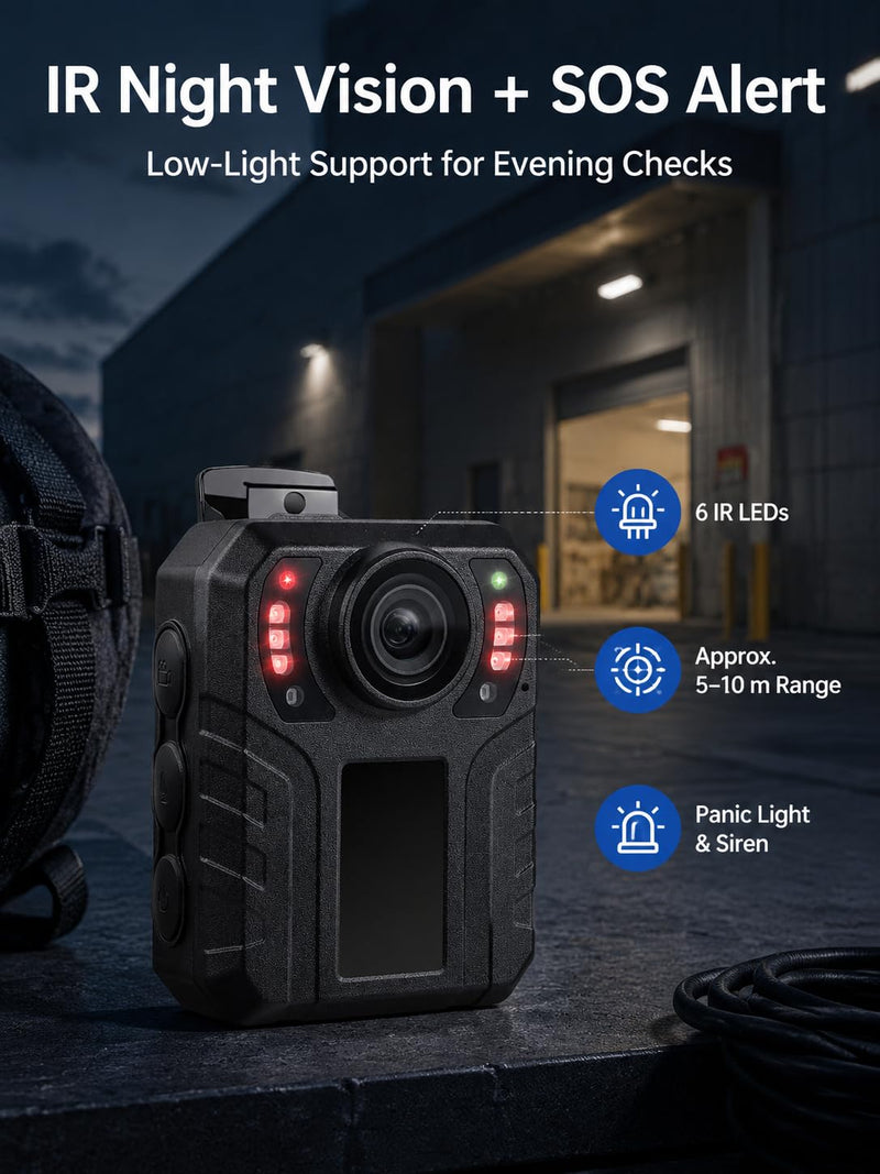 SPIKECAM 10 Hours Body Cameras with Audio and Video Recording, Real 1080P Body Cam for Security Guards, 2-Inch Screen Bodycam with Clear IR Night Vision, USB-C, 360° Clip 32G