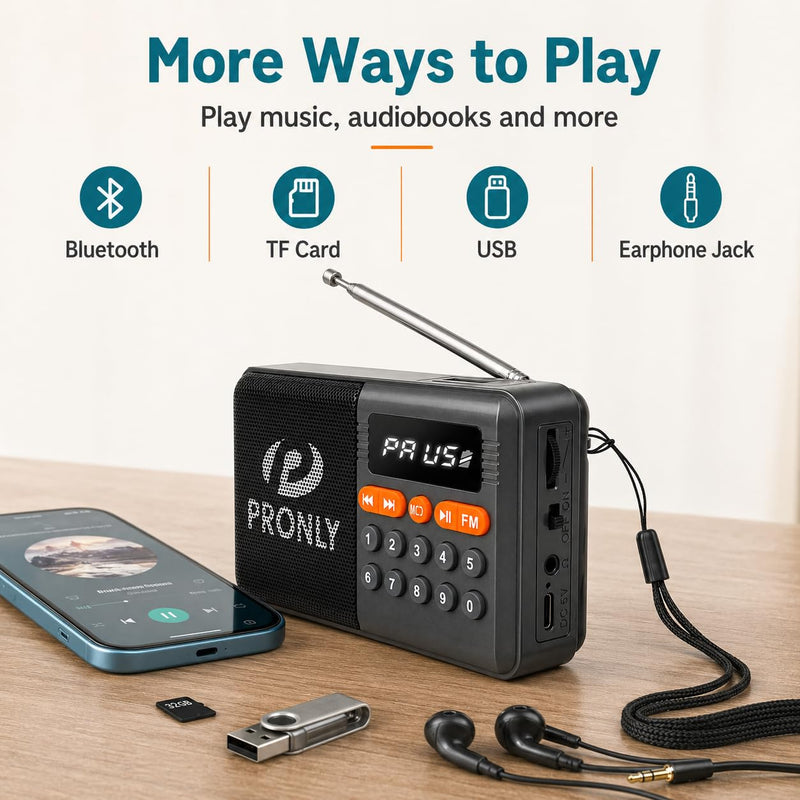 FM Radio, Digital FM Radio with Bluetooth, USB-C Rechargeable Small Portable Radio, TF Card/U Disk Playback, LED Display, PR-808BT for Home Bedroom Kitchen, Black