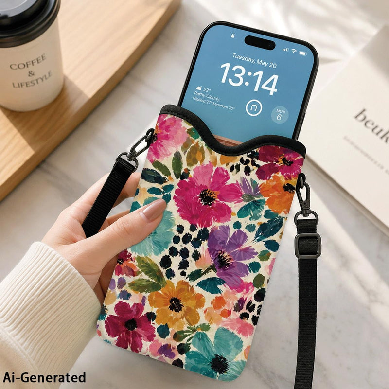 Floral Neoprene Cell Phone Sleeve Pouch Case Bag for Women Men with Crossbody Strap, 7.1x3.9 in, Shockproof Mobile Protection Case Bag with Neck Lanyard, Colorful Floral