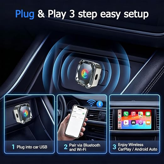 2026 Upgraded Wireless CarPlay Adapter for iPhone & Android Auto | One-Click Switch, Fast Auto-Connect, Alloy Apple Bluetooth CarPlay Adapter, Plug & Play for 1000+ Vehicles, USB-A/C Included