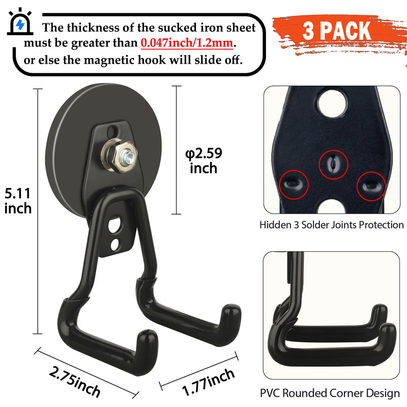 ULIBERMAGNET New Upgraded Large Magnetic Hooks,Strong Heavy Duty Magnet Hooks for Power Drill,Broom,Garden Tools, Pegboard, Garage, Workshop,Hardware, 3 Pack Magnet Storage Holder for Hanging(Black) V1 PRO 2.59" Medium L Black 3PC