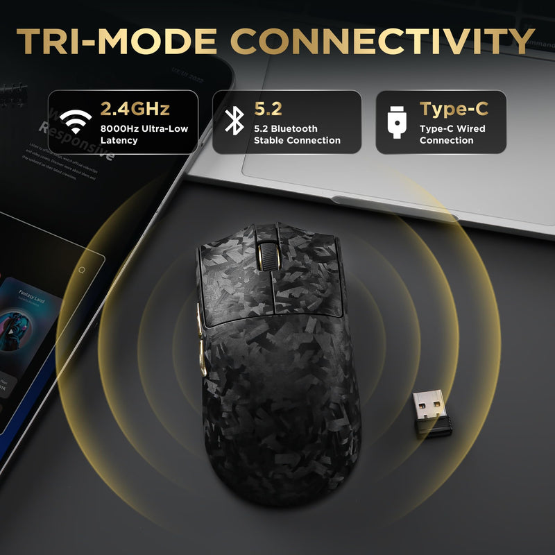 YUNZII M2 Dual 8K Wireless Gaming Mouse, PAW3395, 6-Level DPI(Black) | Carbon Fiber Decorative Pattern,Up to 30000 DPI,63g Ultra-Lightweight,Software and Web customization,Wired/BT/2.4GHz,500mAh Black