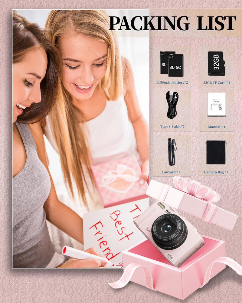 4K Digital Camera for Beginners & Teens, Compact Vlogging Camera with 180° Flip Screen, Autofocus, Easy-to-Use for Travel & YouTube, 18X Zoom, WiFi, 2 Batteries, 32GB Card Deep Pink