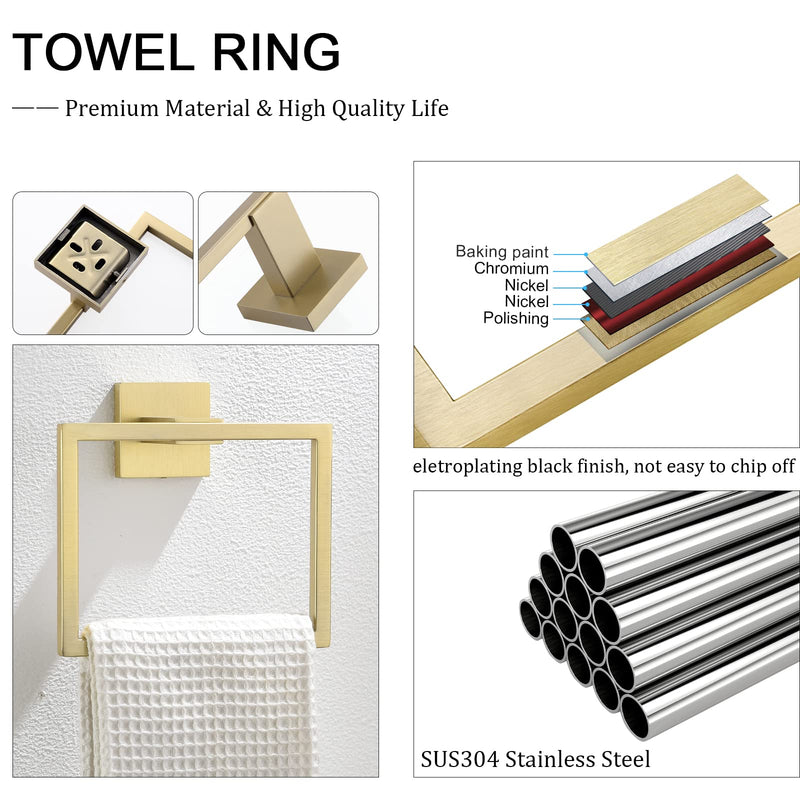 Gold Towel Ring Modern Square Hand Towel Bar,Towel Holder for Bathroom,Wall Mount Stainless Steel Gold