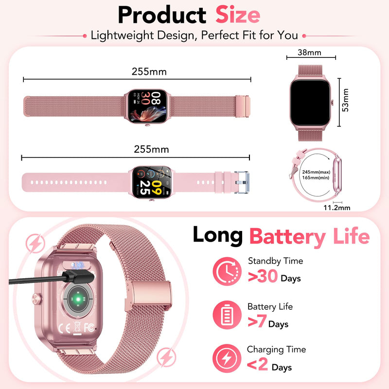 Smart Watch for Women, Answer/Make Call/AI Voice,1.85" HD Smartwatch Compatible for iPhone/Samsung/Android,120+Sport Modes Fitness Tracker with Heart Rate/Sleep Monitor, IP68Waterproof (2 Bands) Rose