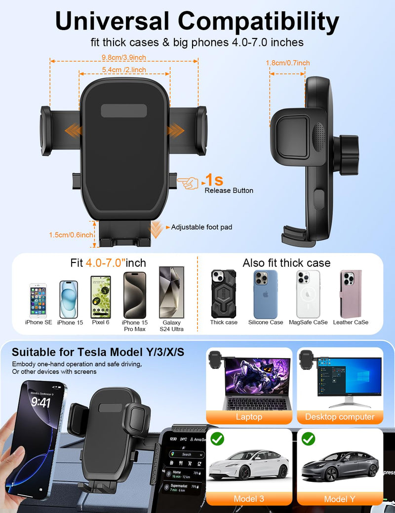 Tesla Phone Mount, 360° Adjustable Universal Tesla Model Y Accessories, Phone Holders for Your car for Tesla Model 3/Y/S/X/Cybertruck Screen, Non-Adhesive for Car Phone Holder Fits All Phone