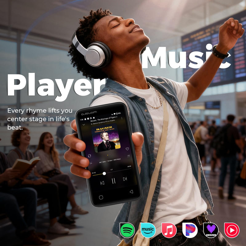 96GB MP3 Player with Bluetooth 5.0 and WiFi, Music Player with Spotify, Audible, Amazon Music, Pandora, Libby, Spotify Kids, 4" Touchscreen Android MP4 Player with HiFi Sound (Glossy Black) Glossy Black