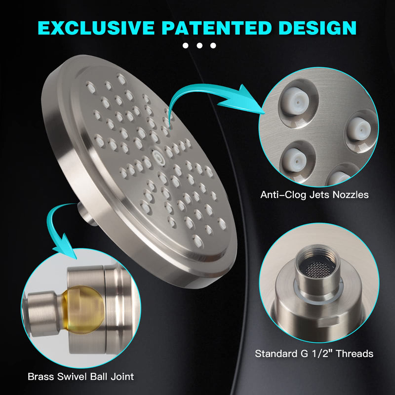 HOPOPRO High Flow Shower Head - High Pressure Rain - 7 Inch Rainfall Spray Showerhead - Tool-free 1-Min Installation - Adjustable Bathroom Shower Head Replacement with Luxury Look - Brushed Nickel