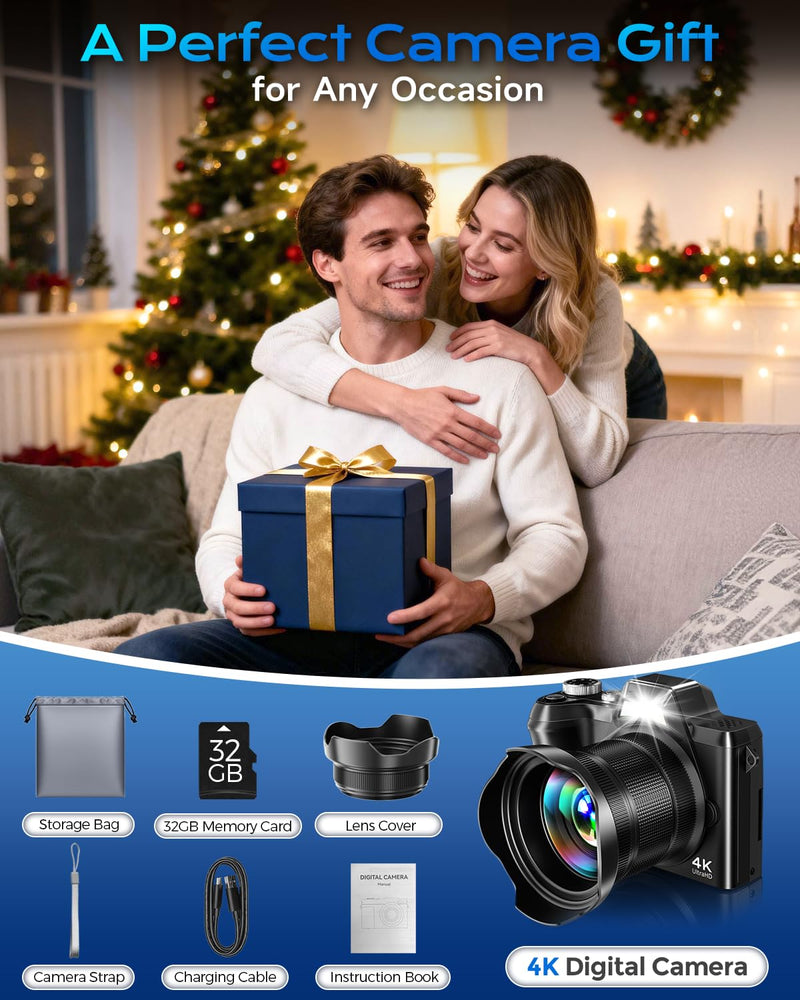 4K Digital Camera for Photography Travel, 56MP Autofocus Vlogging Camera for YouTube, 16X Zoom with 3" 180°Flip Screen & Lens Hood, 32GB Card, Gift Ideas for Teens & Beginners Black