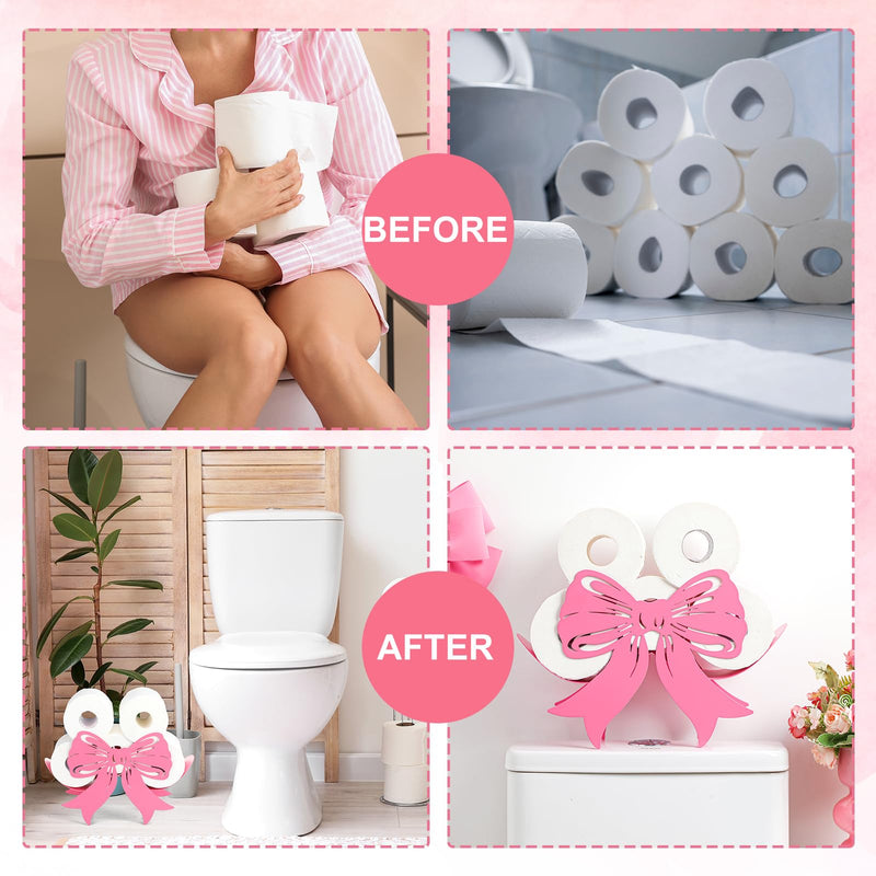 Geelin Pink Bow Bathroom Decor Pink Toilet Paper Holder Metal Paper Storage Wedding Bow Bathroom Decor 8 Rolls Toilet Tissue Holder Wall Mounted for Restroom Bedroom Coquette Home Decoration