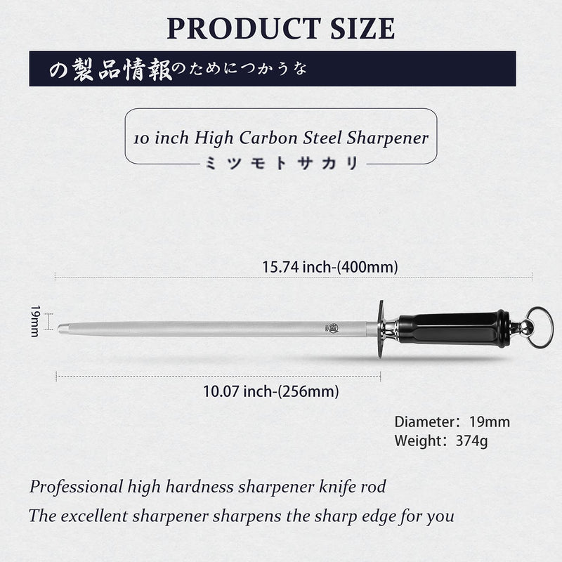MITSUMOTO SAKARI 10 inch Japanese Honing Steel - Flat Diamond Knife Sharpening Rod, Professional High Carbon Sharpener with ABS Handle & Powerful Magnet Flat Sharpening Rod