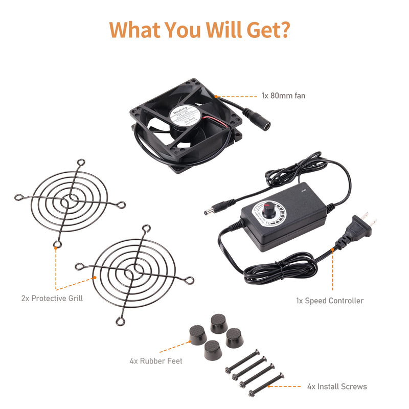 80mm x 25mm Computer Fan with AC Plug 110V - 240V with Speed Controller for Receiver Xbox DVR PlayStation Component Cooling