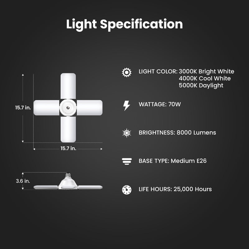 Feit Electric LED Garage Light, Multiple Adjustable Panels, E26 Base, Ideal for Garage, Workshop, Shed, 25,000-Hour Lifetime 3CCT 8000 Lumens