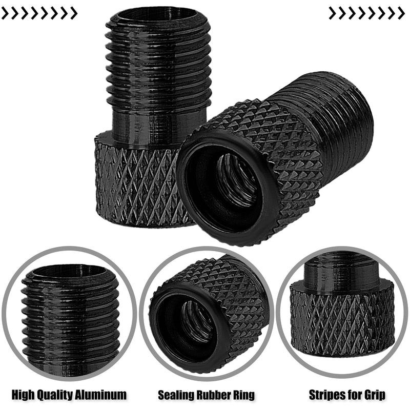 2PCS Presta Valve Adapter, Aluminum Convert Presta to Schrader Adaptor, Inflate Tire Using Standard Pump or Air Compressor for Bikes, 2 x Black Tire Valve Caps(Reticulated Grain Style, Black) 2 pcs + 2 caps 2PCS Black Reticulated Grain Style + 2 Caps