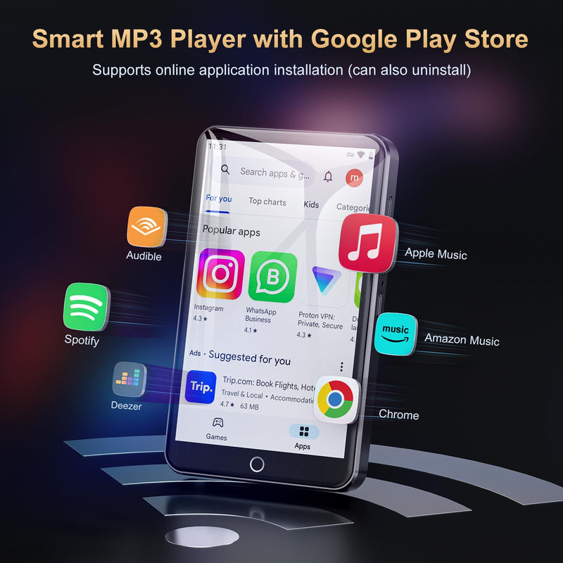 Oilsky 80GB MP3 Player with Bluetooth and WiFi, Mp3 & Mp4 Music Player with Spotify, Amazon Music, Audible, 4.0" IPS Touch Screen Android Player with Speaker, FM Radio, Up to 512GB Black