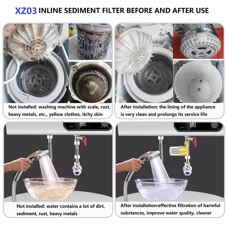 XZ03 Reusable Brass Sediment Filter, 40 Micron Washer Water Filter System, for Washing Machine, Heater, Camping, Protecting Appliances, Reduces Clothes Yellowing, Anti Scale Shower Filter