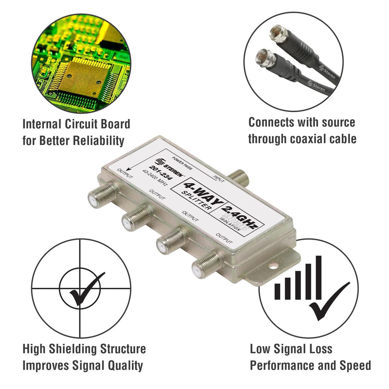 STEREN 4-Way 2.4GHz 90dB 1 Port Power Pass DC Passing On One Port F-Pin Coaxial Splitter [201-234]