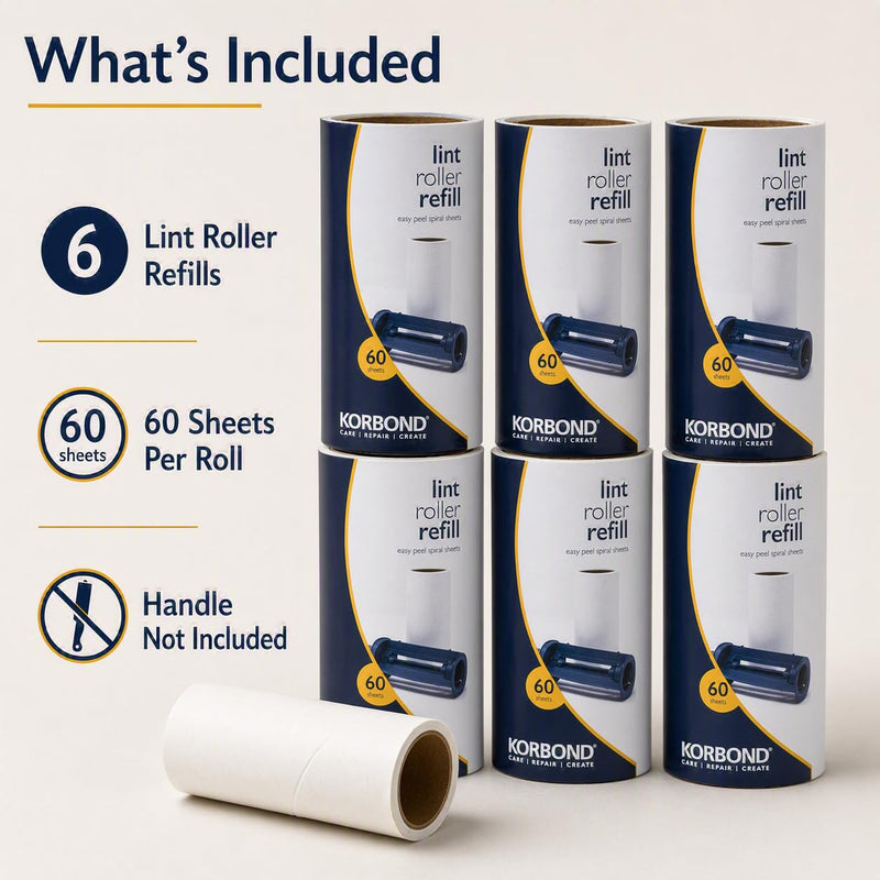 Korbond Lint Roller Refills 6 Pack - 360 Sheets Lint Rollers, Lint Remover, Pet Hair Remover, Dog Hair Remover, Clothes Roller Sticky, Pet Roller