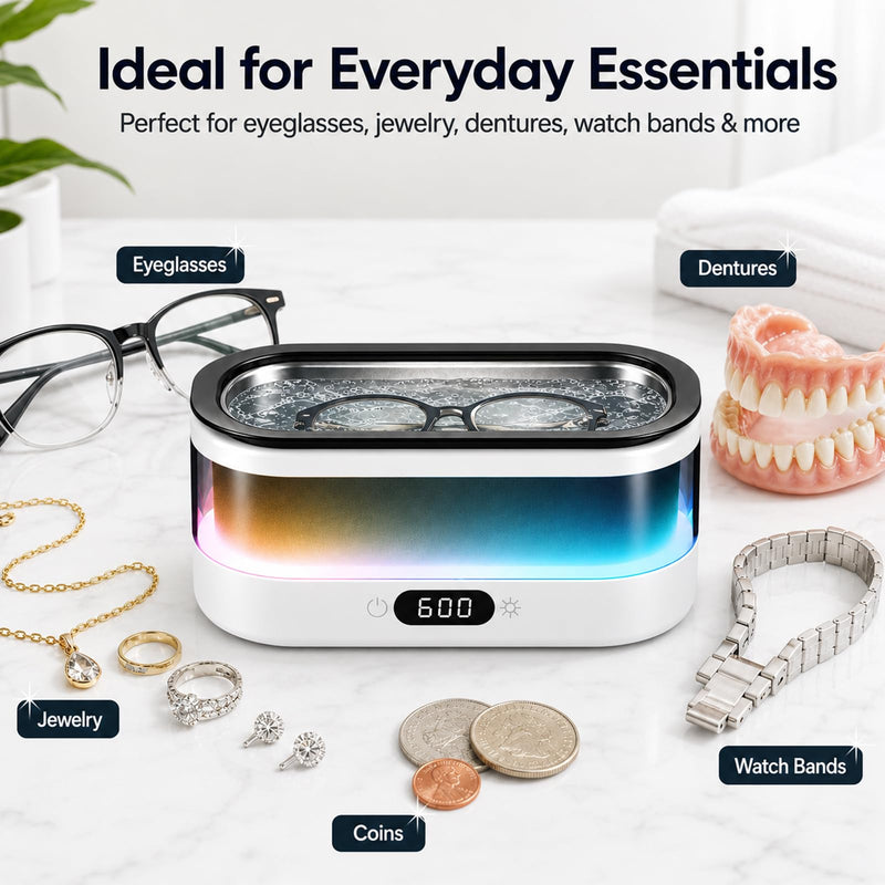 Ultrasonic Jewelry Cleaner Machine, 7-Color Flowing LED Light, 48kHz Sonic Cleaner for Jewelry, Glasses, Retainers, Dentures, 304 Stainless Steel Tank, Digital Timer, Dual Cleaning Modes - White